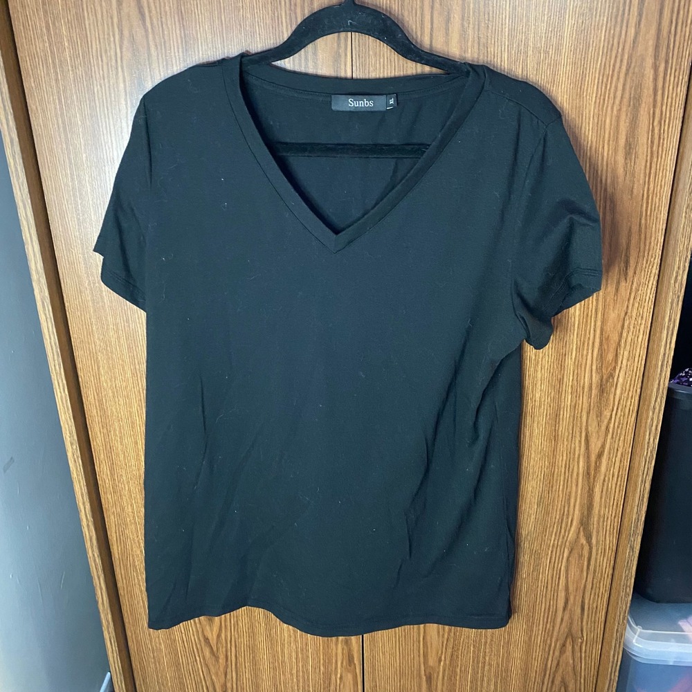 Sunbs V-Neck T-Shirt Womens XL Black Short Sleeve Casual Minimalist‎ Basic Tee